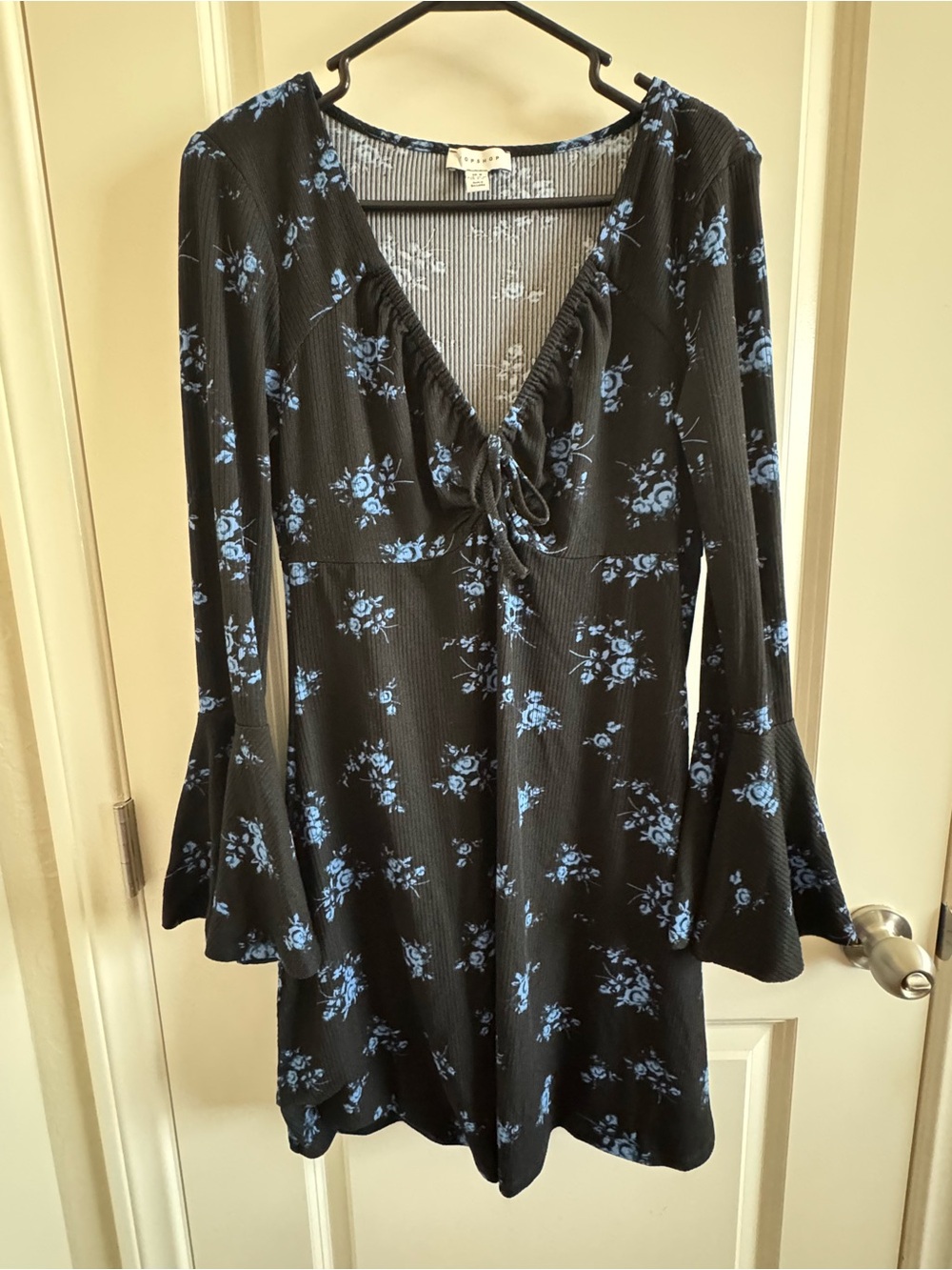 Topshop Black Long Sleeve Dress with Blue Floral Print